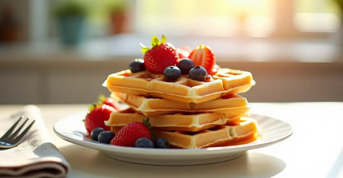 A stack of golden-brown square waffles topped with fresh strawberries, blueberries, and syrup on a white plate in a sunny kitchen setting.