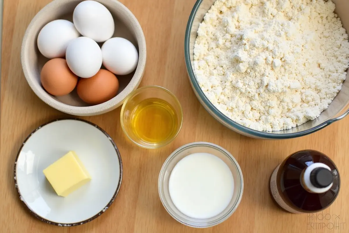 Key waffle ingredients including flour, eggs, milk, butter, and vanilla extract arranged neatly on a wooden countertop.