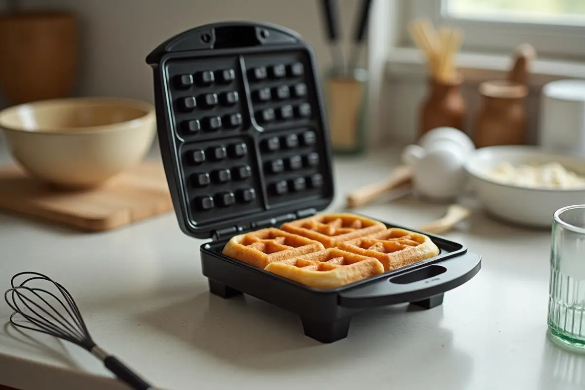 A square waffle maker open to reveal a golden waffle, surrounded by a whisk, mixing bowl, and measuring cup on a countertop.