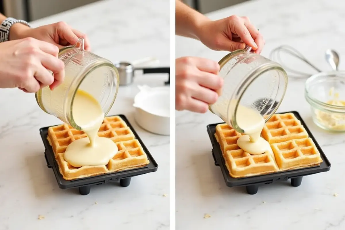 Hands pouring waffle batter into a square waffle maker in a bright kitchen with utensils nearby.