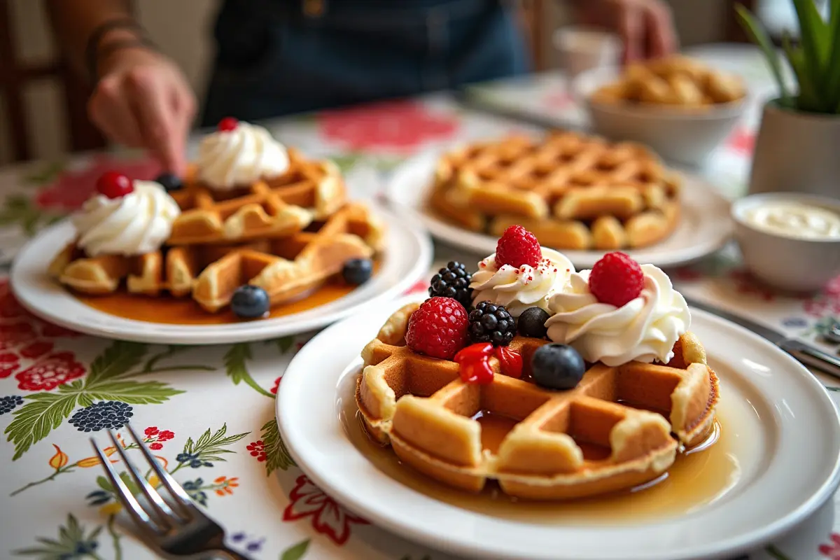 A table with different waffle styles: Belgian waffles with whipped cream, American square waffles with syrup, and Scandinavian waffles with sour cream.