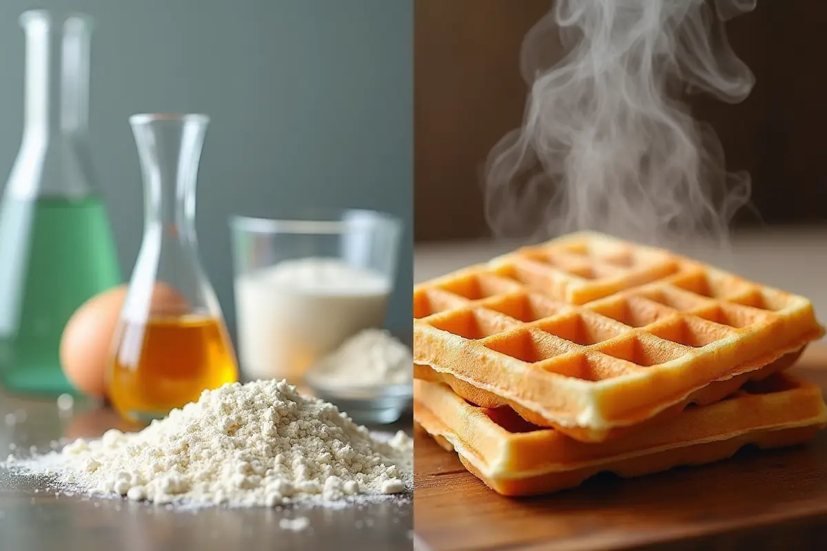 A split image showing raw ingredients like flour and eggs in scientific beakers alongside a steaming, golden waffle.