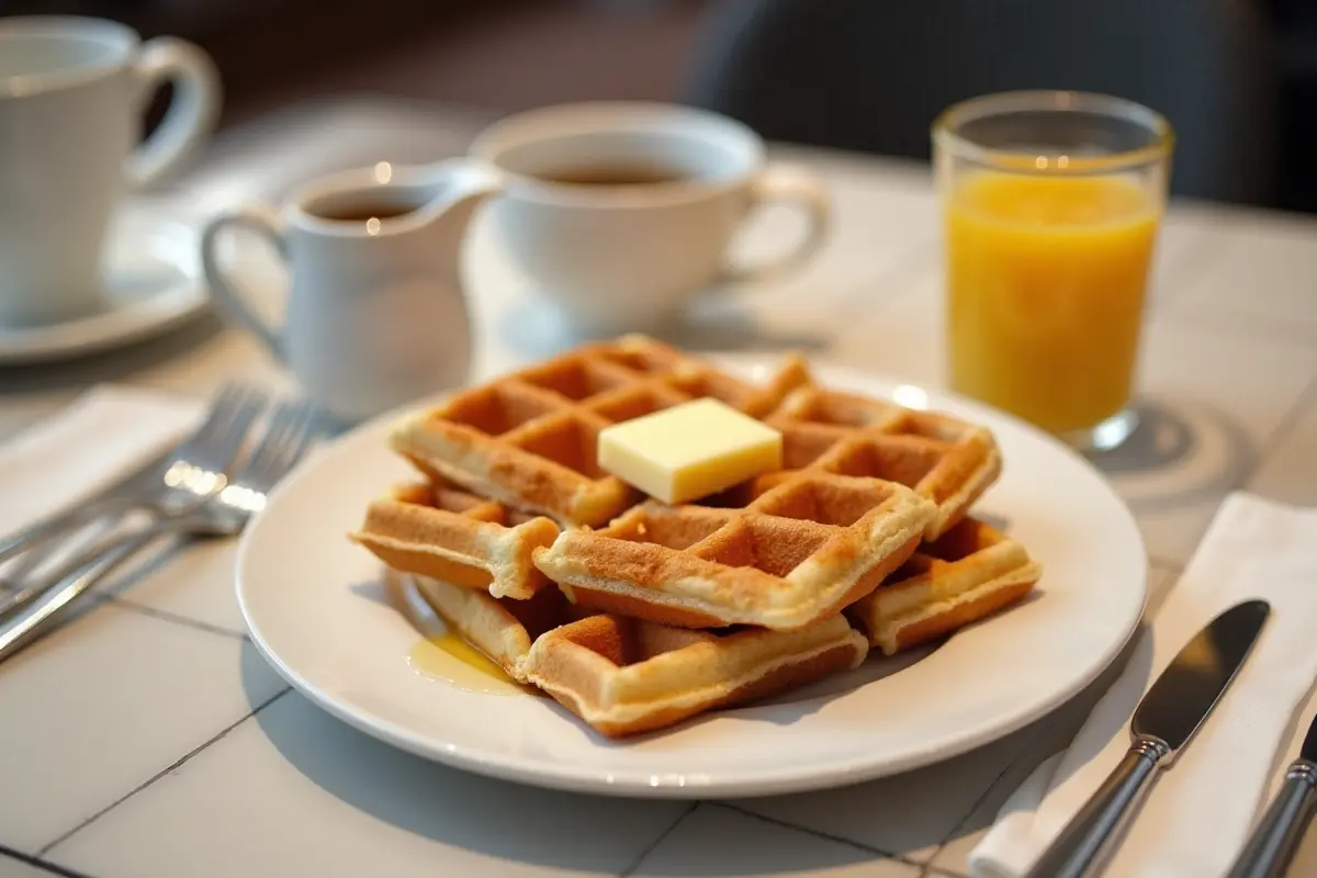 A neatly stacked pile of square waffles with syrup and butter, accompanied by coffee and orange juice on a modern dining table.