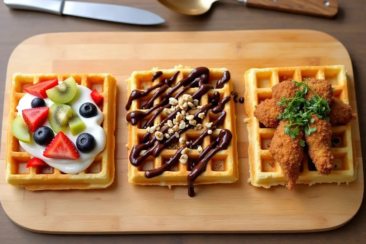 Three square waffles with different toppings: fruits and yogurt, chocolate and nuts, and savory fried chicken with herbs