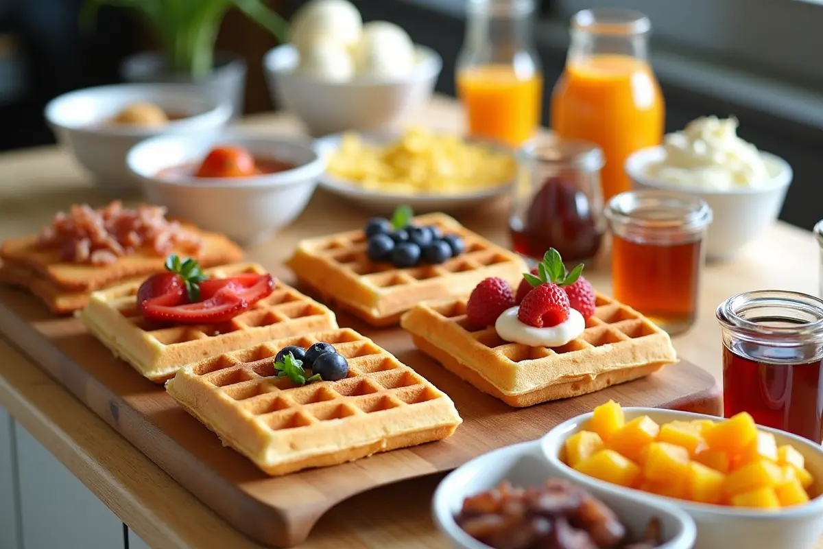 A brunch buffet with square waffles surrounded by bowls of fruit, syrups, whipped cream, bacon, and eggs in a family-style setting.