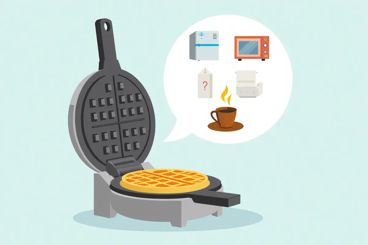 A waffle maker with a golden waffle inside, with icons like a freezer, microwave, and coffee cup symbolizing storage and serving ideas.