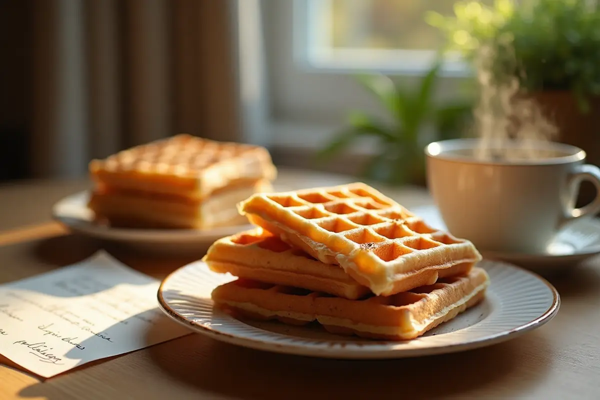 A cozy kitchen table with a stack of square waffles, a steaming coffee cup, and sunlight highlighting the scene.