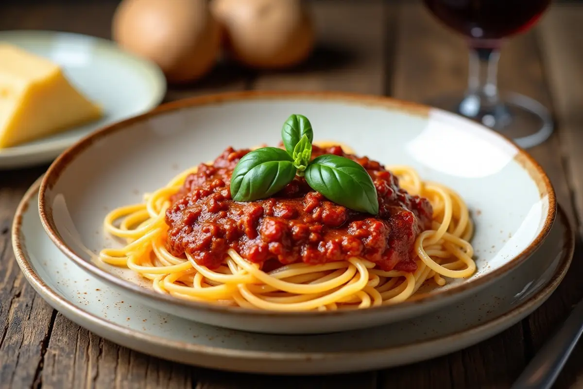 A plate of traditional spaghetti Bolognese with Parmesan cheese and red wine.