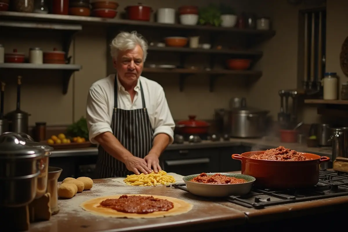 Traditional Italian kitchen with a pot of Bolognese sauce simmering.