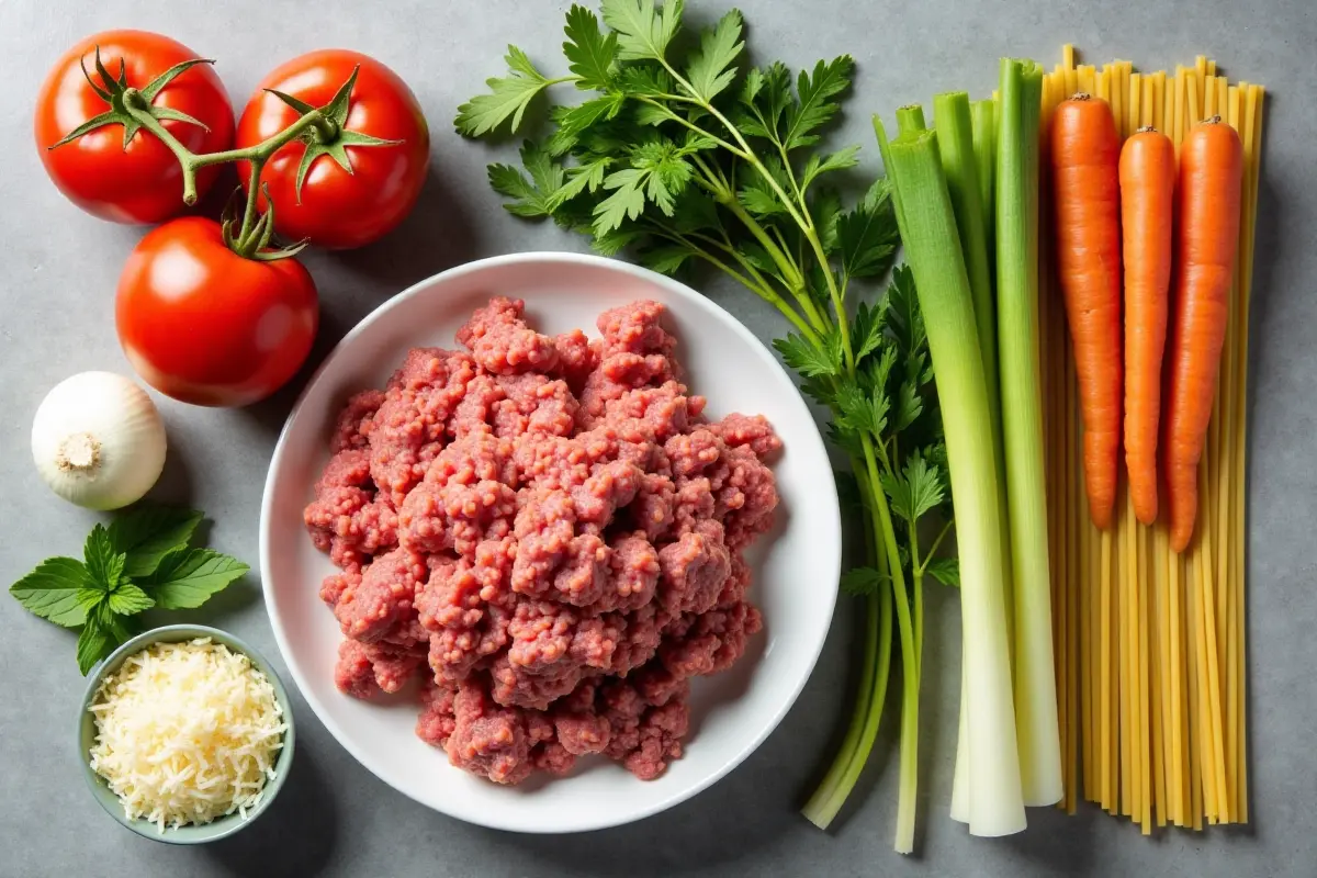 Flat lay of ingredients for spaghetti Bolognese on a kitchen counter.