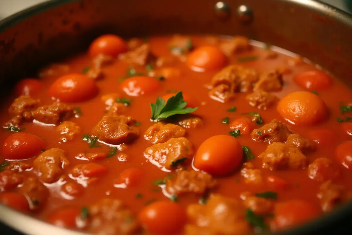 A pot of simmering Bolognese sauce with visible meat and herbs.