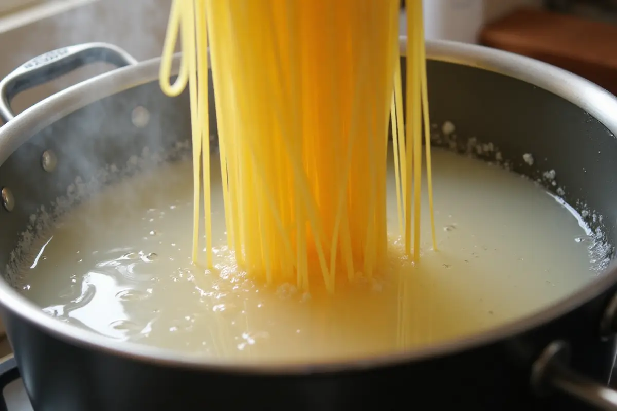 A pot of boiling water with spaghetti being added to cook.