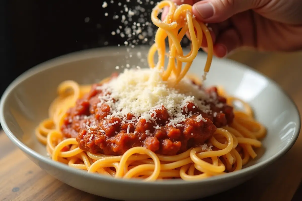 A bowl of spaghetti being tossed with Bolognese sauce and grated Parmesan.