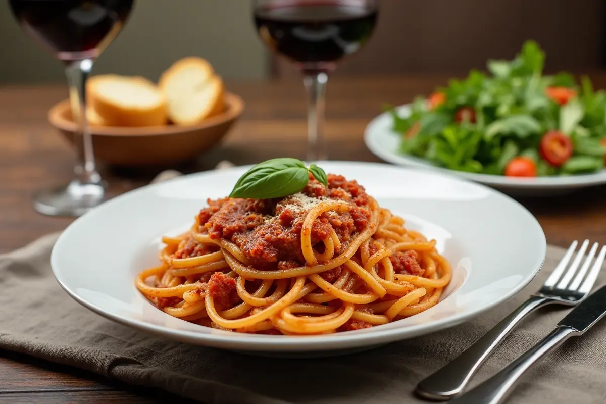 A dining table with spaghetti Bolognese, garlic bread, and salad.