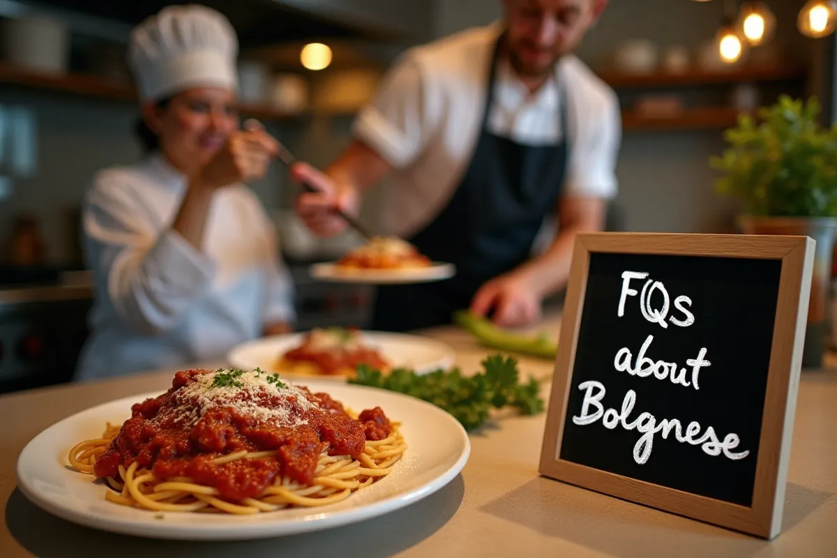 A chef serving spaghetti Bolognese with a chalkboard displaying FAQs about Bolognese.