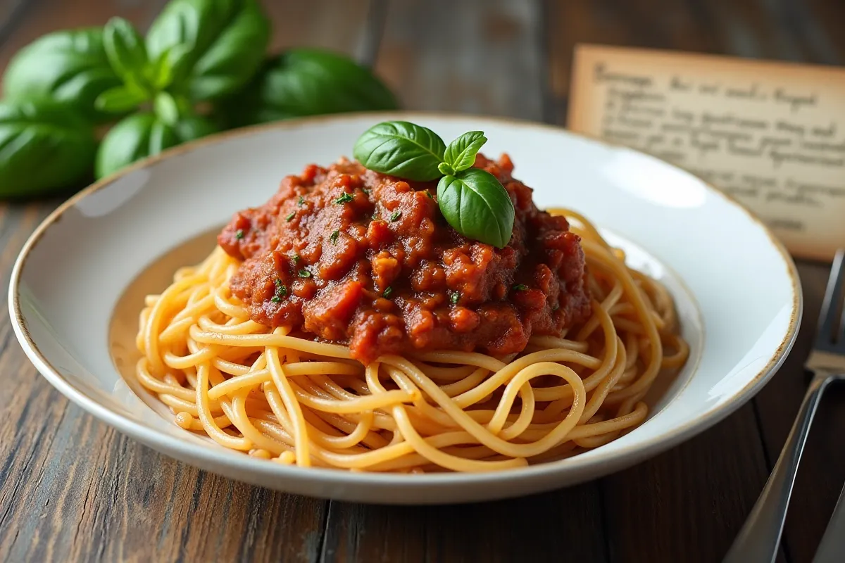 A finished plate of spaghetti Bolognese with a recipe card and basil leaves.