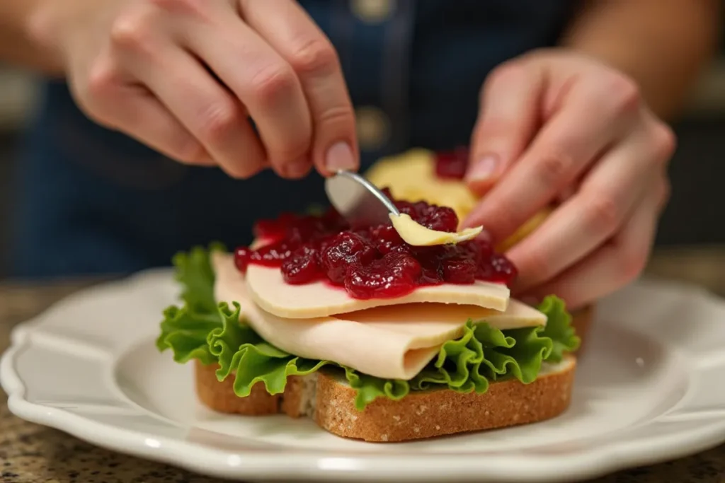 Hands assembling a turkey and cranberry sandwich with cranberry sauce, turkey, and greens.