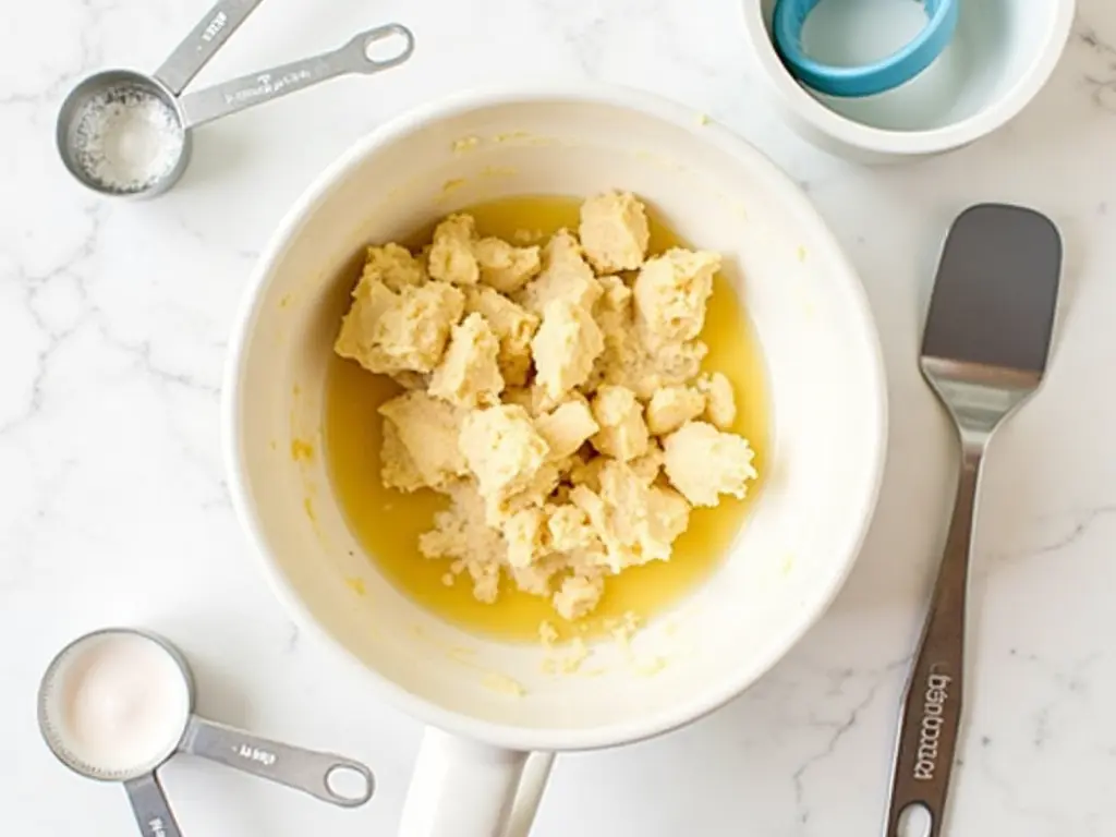 Banana bread batter in a mixing bowl with utensils and ingredients around it.