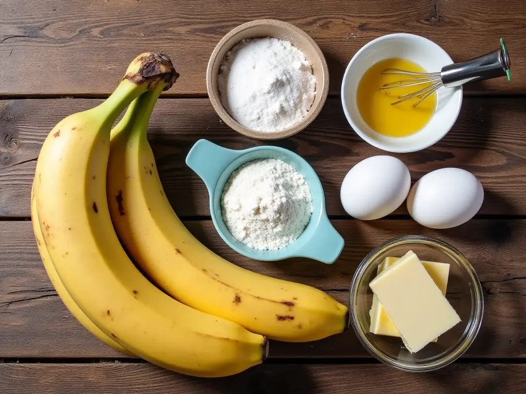 Ingredients for banana bread neatly arranged on a wooden surface.