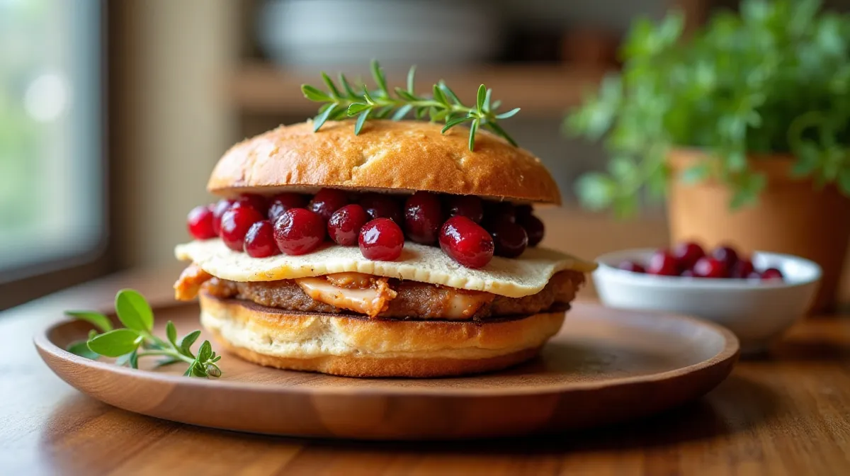 A freshly made sandwich with sweet and tangy cranberry sauce served on a rustic plate.