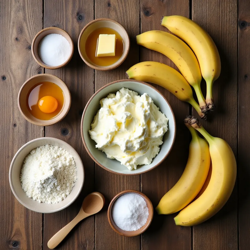 Ingredients for cottage cheese banana bread laid out on a rustic table.