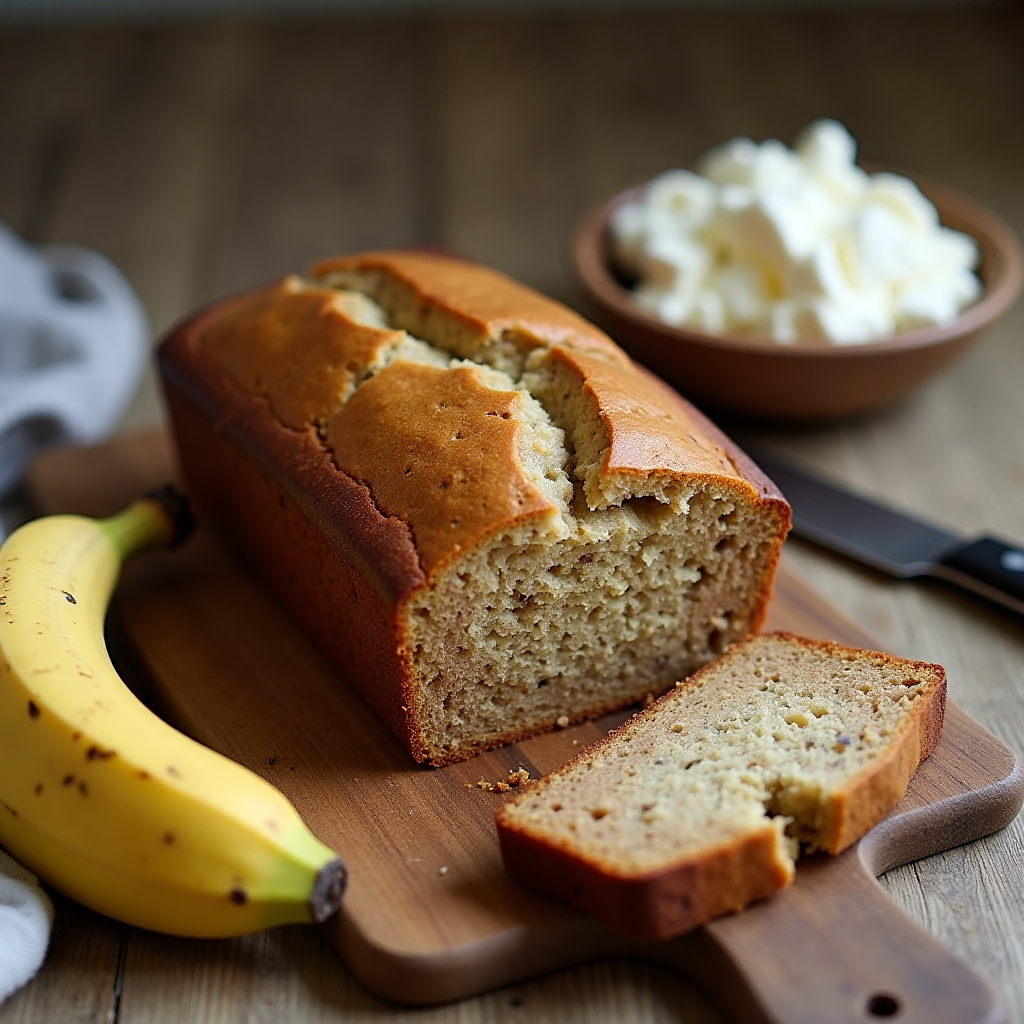 A loaf of cottage cheese banana bread surrounded by fresh ingredients.