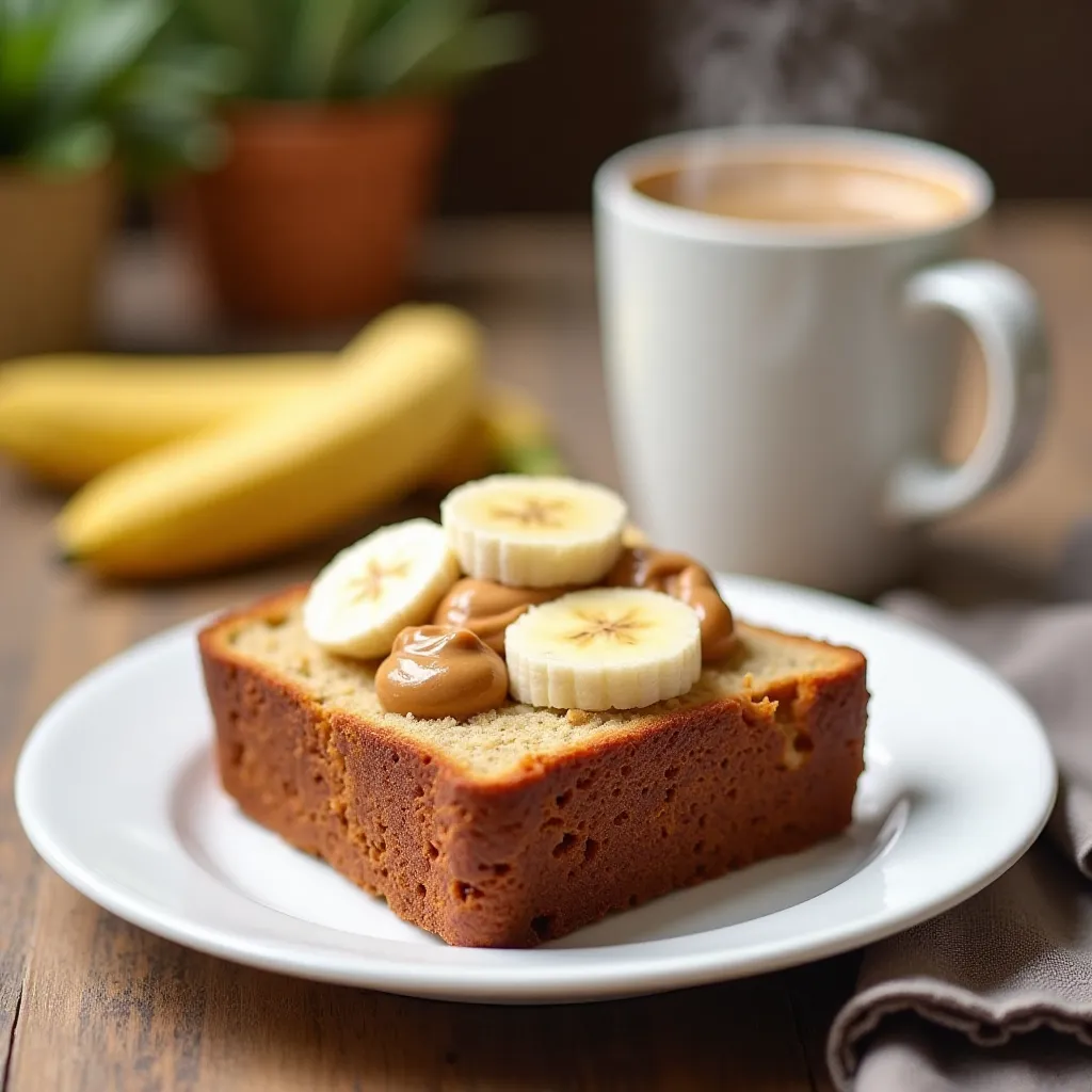 A slice of cottage cheese banana bread topped with peanut butter and bananas.