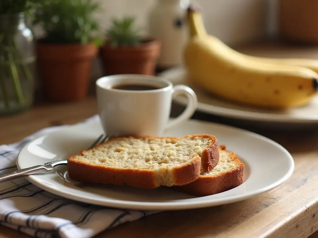 A slice of banana bread on a plate next to a cup of coffee on a kitchen countertop.