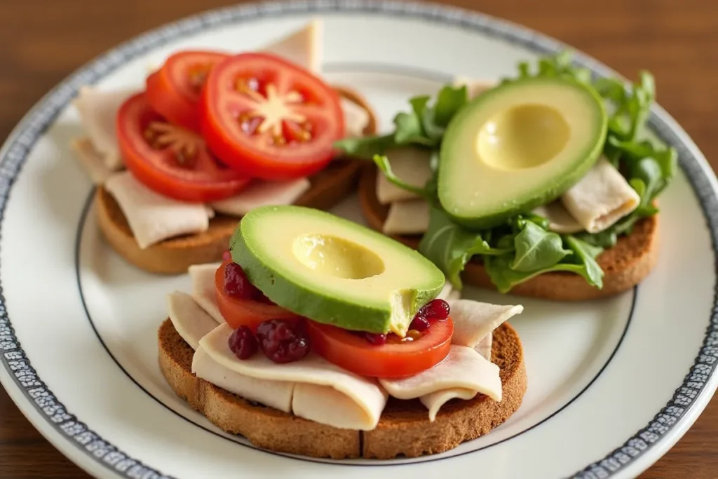 Three turkey and cranberry sandwich variations with avocado, tomatoes, and arugula on different breads.