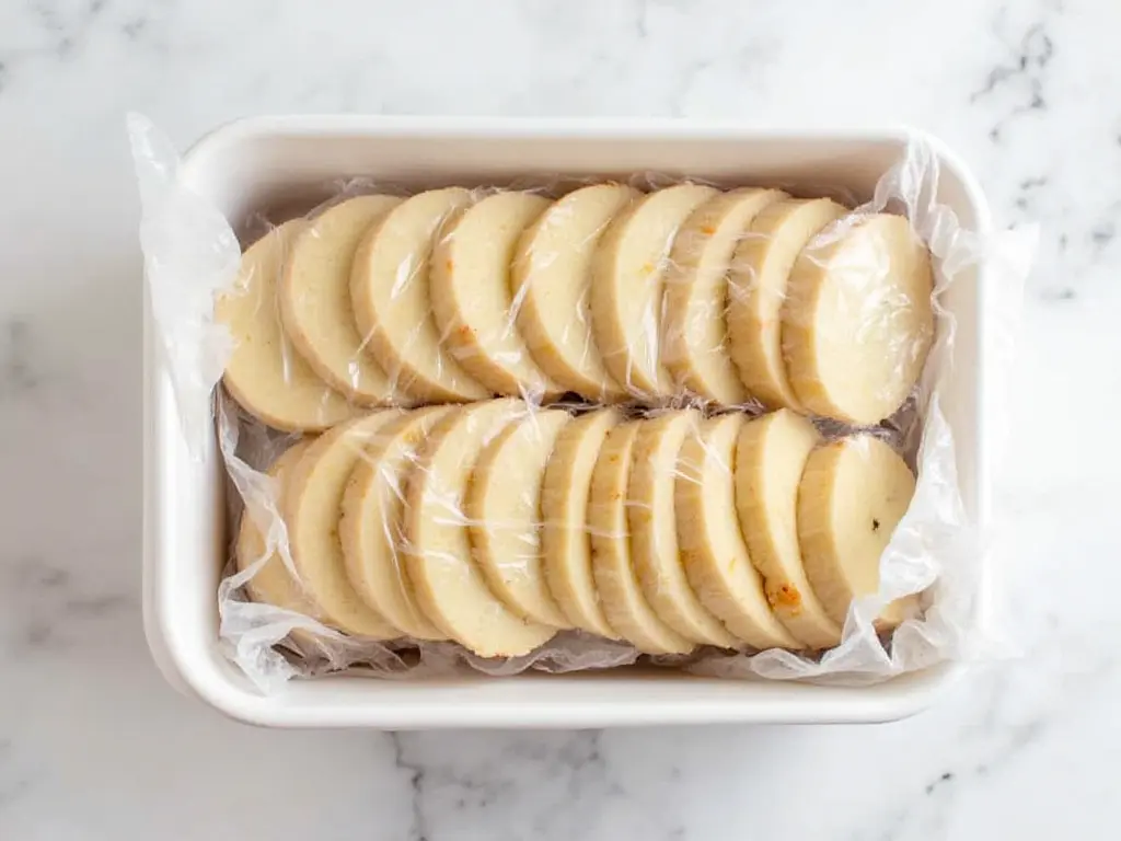 Wrapped banana bread slices in a container for freezing.