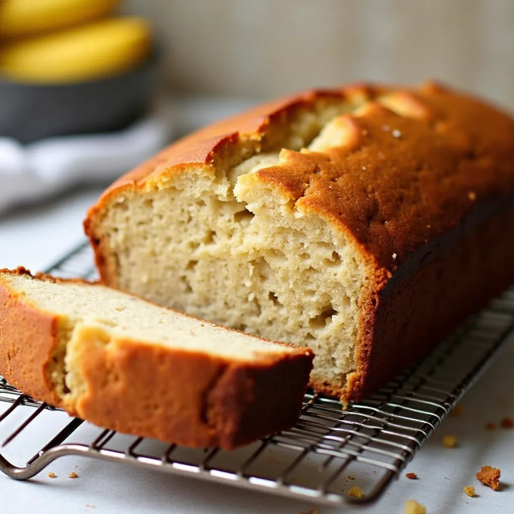 reshly baked loaf of cottage cheese banana bread on a cooling rack.