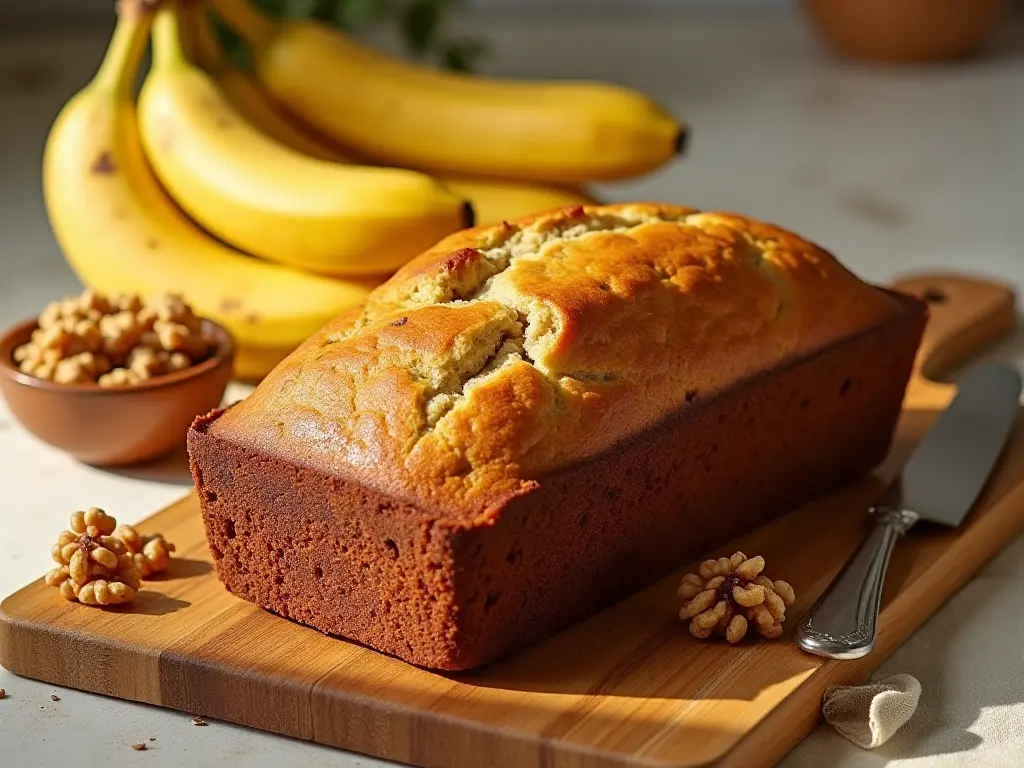 A loaf of golden banana bread on a wooden cutting board with ripe bananas and walnuts.