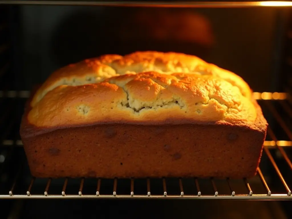 Hawaiian banana bread baking in an oven.