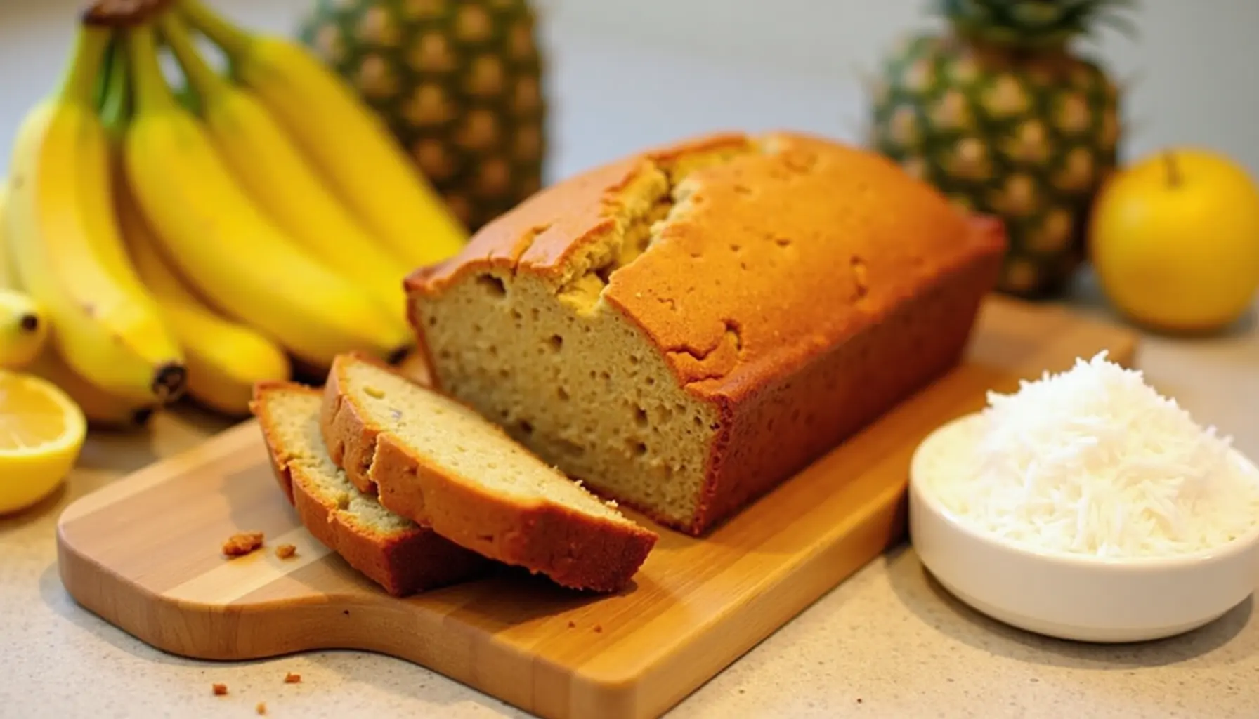 Freshly baked Hawaiian banana bread with tropical fruits.