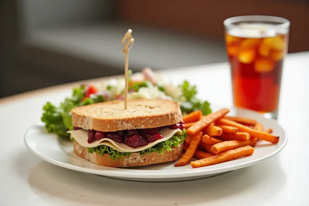 Turkey and cranberry sandwich with sweet potato fries, salad, and iced tea.