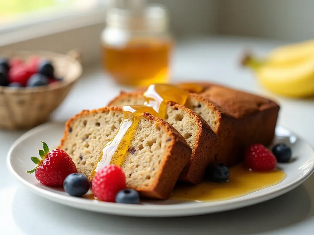 Slices of banana bread on a plate with honey and berries.