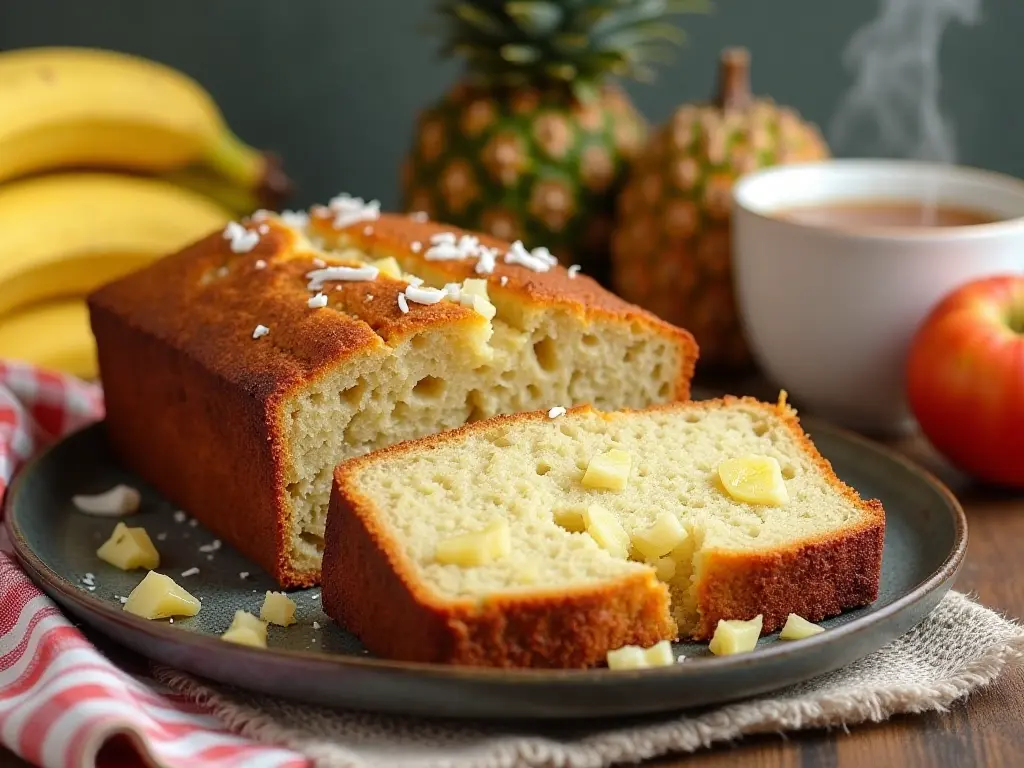 Sliced Hawaiian banana bread on a serving plate.