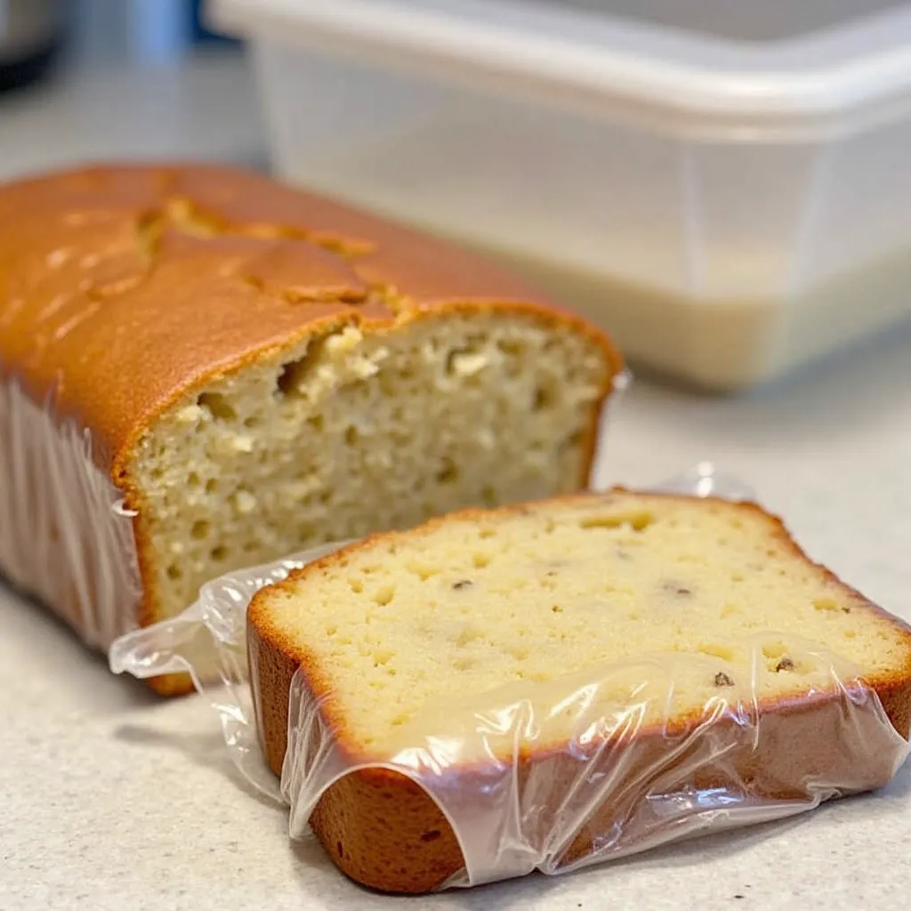 Storing cottage cheese banana bread in plastic wrap and an airtight container.