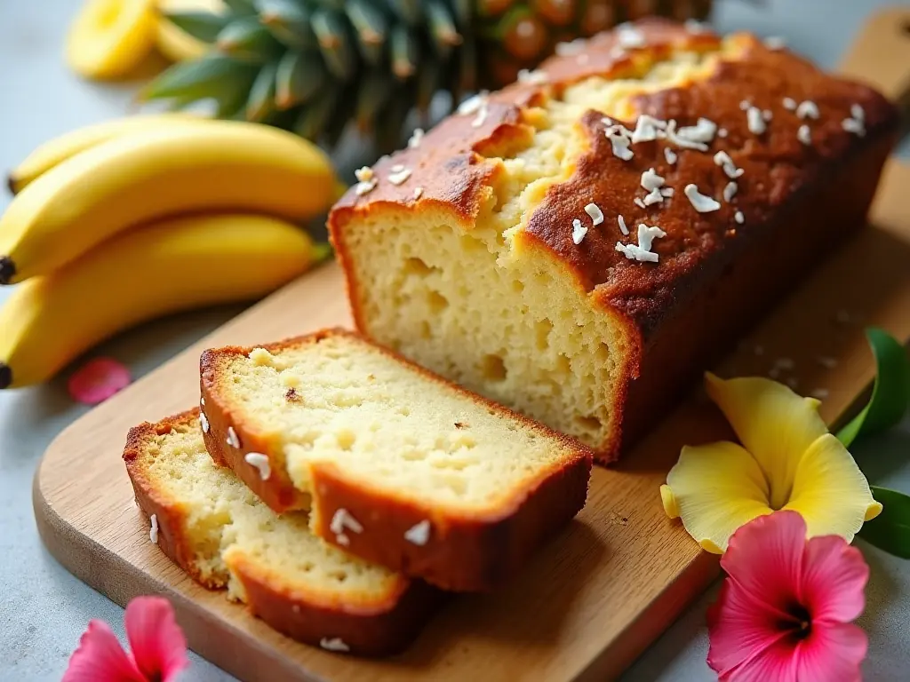 Sliced Hawaiian banana bread with tropical decorations.