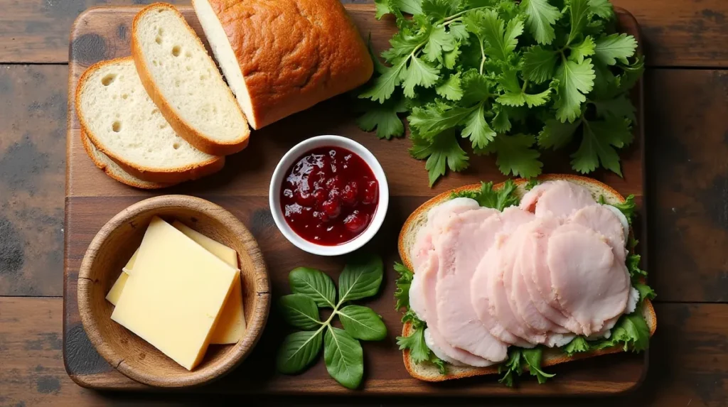 Ingredients for making a turkey and cranberry sandwich, including bread, turkey, cranberry sauce, greens, and cheese.