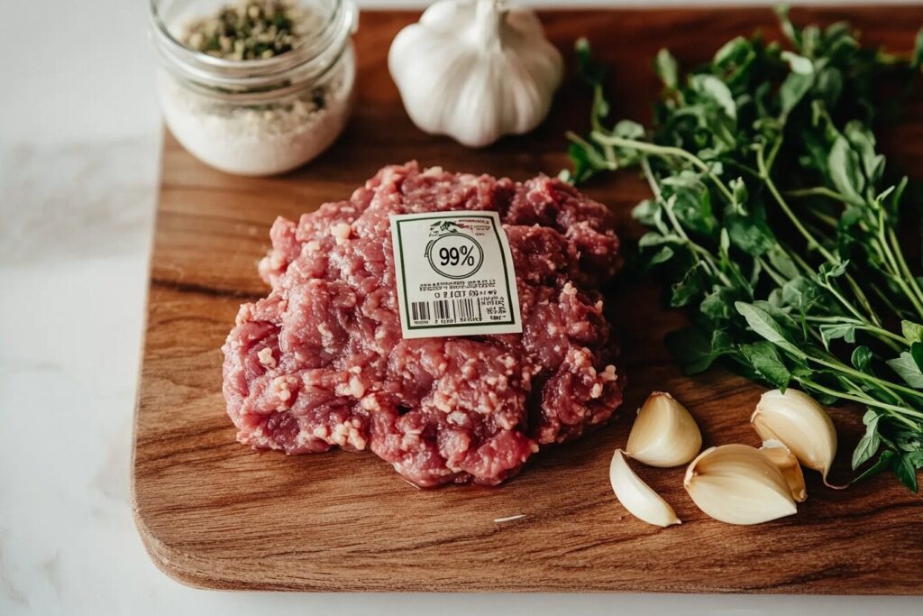 Lean ground beef labeled 93% lean on a cutting board with herbs.