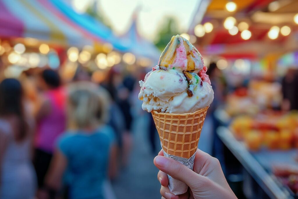 A person enjoying pickle ice cream at a food festival