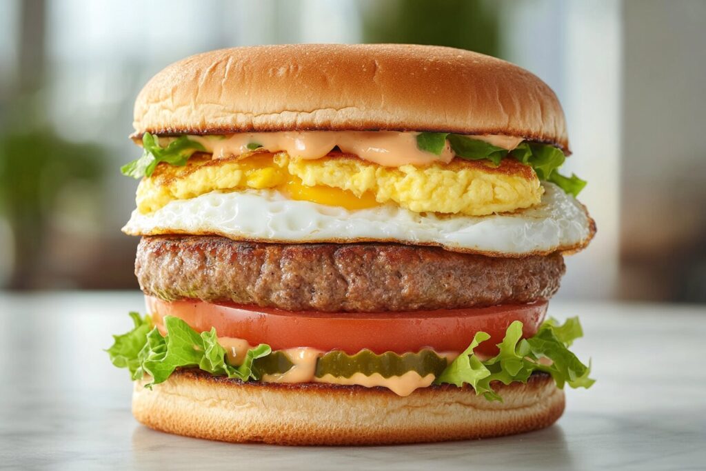 Assembling an egg burger with beef patty, fried egg, and fresh toppings