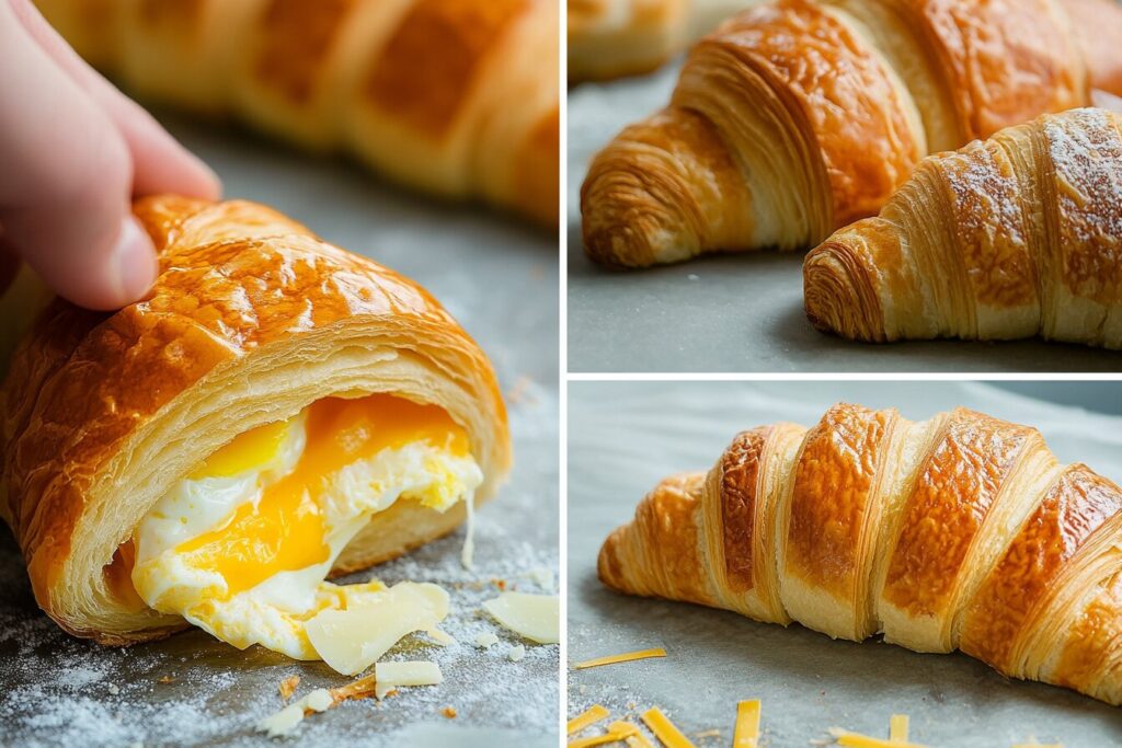 Step-by-step process of assembling an egg and cheese croissant.