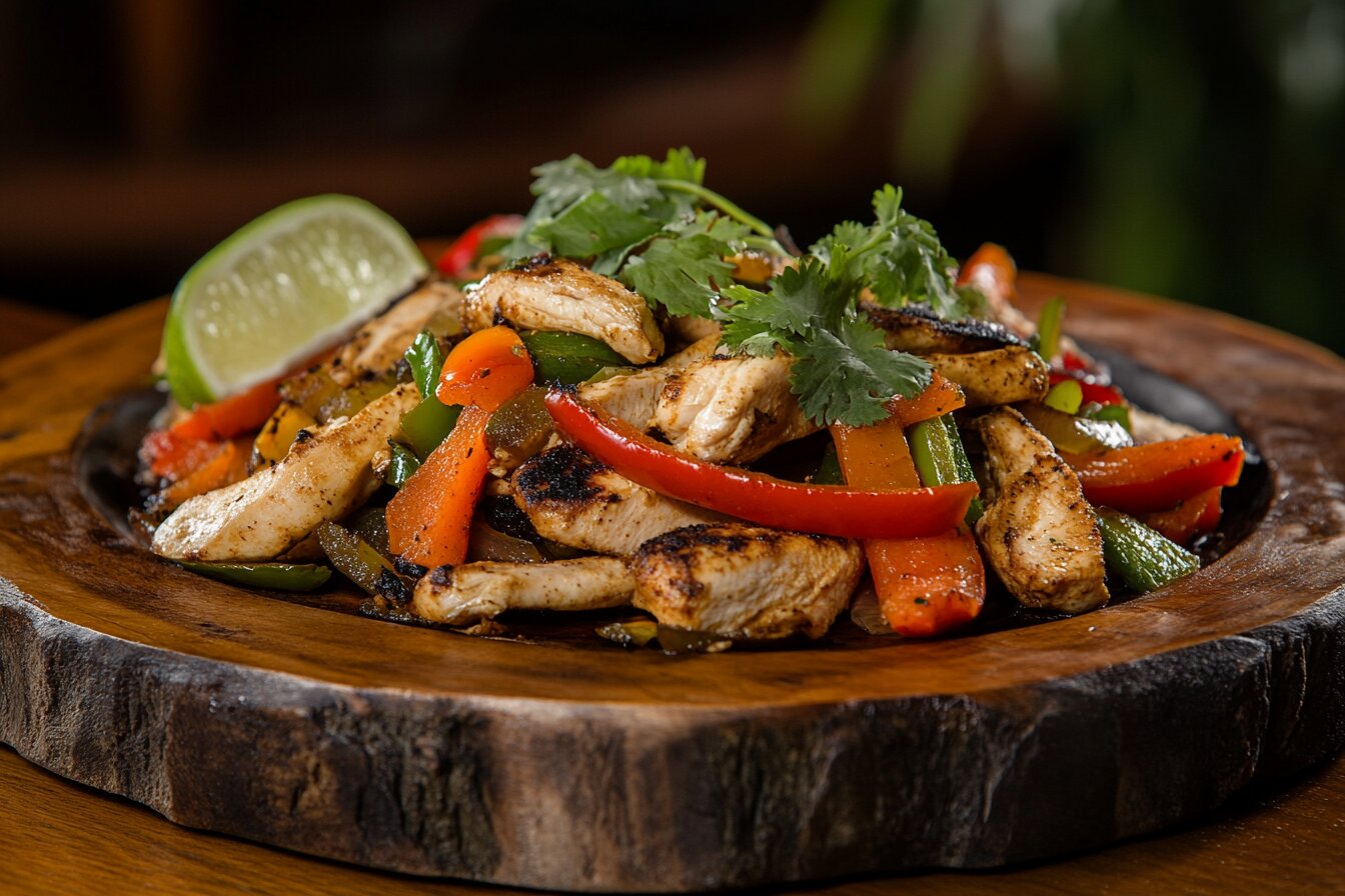 Chicken fajitas with sautéed peppers, onions, and tortillas on a wooden platter.