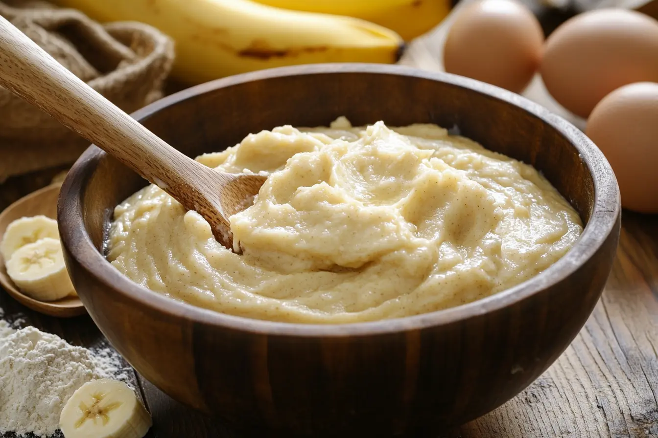 A wooden mixing bowl with creamy banana bread batter and mashed bananas, surrounded by flour, eggs, and a wooden spoon, illuminated by soft natural light.