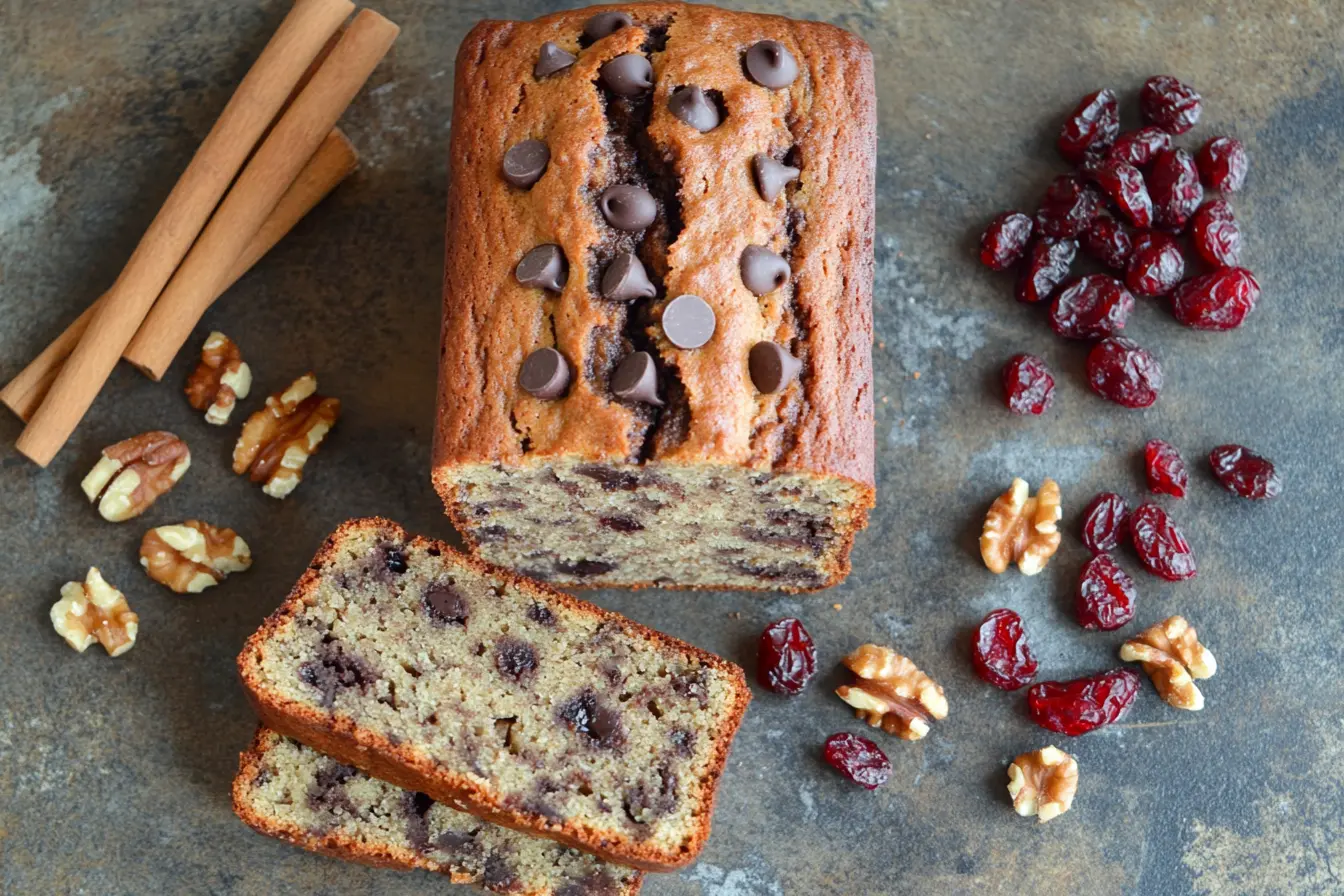 A banana bread loaf with chocolate chips and walnuts, sliced to reveal mix-ins, surrounded by cinnamon and cranberries.