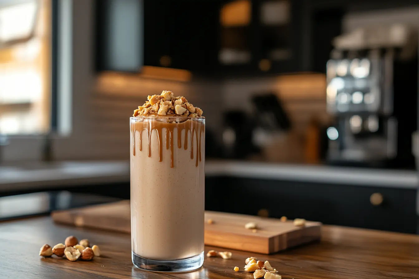 Creamy peanut butter smoothie with no bananas on a wooden counter.