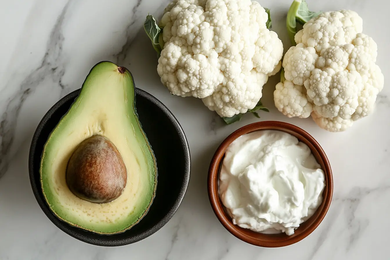 Avocado, Greek yogurt, and frozen cauliflower for smoothie thickness.