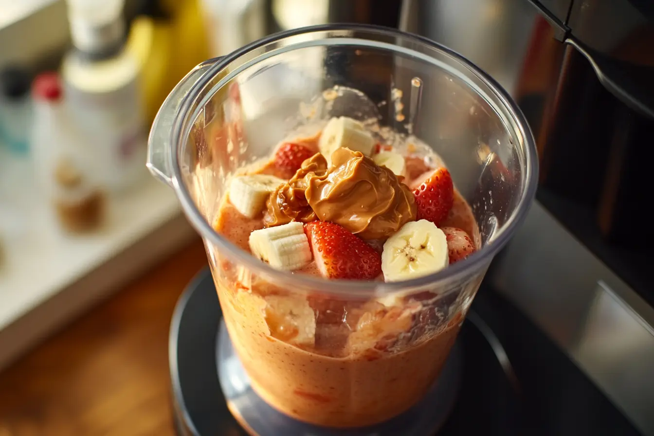 Blender with strawberries, bananas, and peanut butter blending into a smoothie.